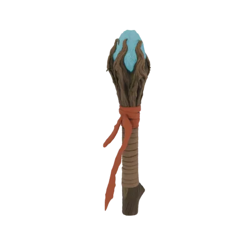 Modello 3D di un bastone rustico di legno sormontato da un globo di cristallo blu luminoso e avvolto da stoffa.