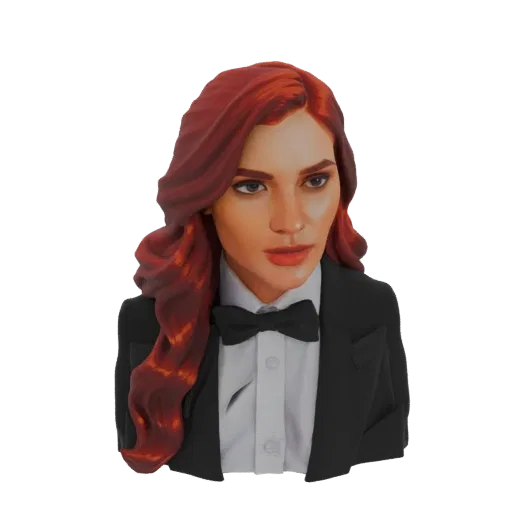 3D model render of an elegant woman with red hair wearing a black tuxedo and bowtie, presented as a bust.