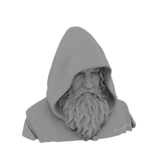 3D model render of a wise old wizard bust with a deep hood and a long, flowing beard, shown from the chest up.