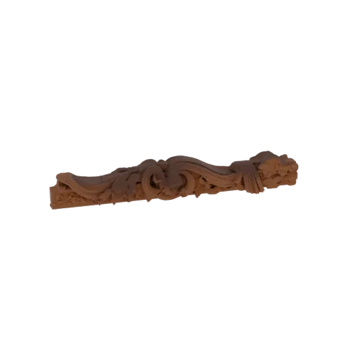 3D model of an ornate carved wood scrollwork accent with intricate floral and swirling patterns, set against a black backgrou