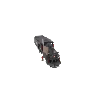 3D model of a vintage black steam locomotive with a smokestack and tender, viewed from a slight angle.