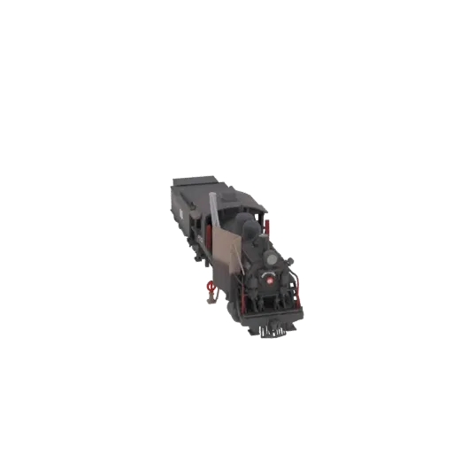 3D model of a vintage black steam locomotive with a smokestack and tender, viewed from a slight angle.