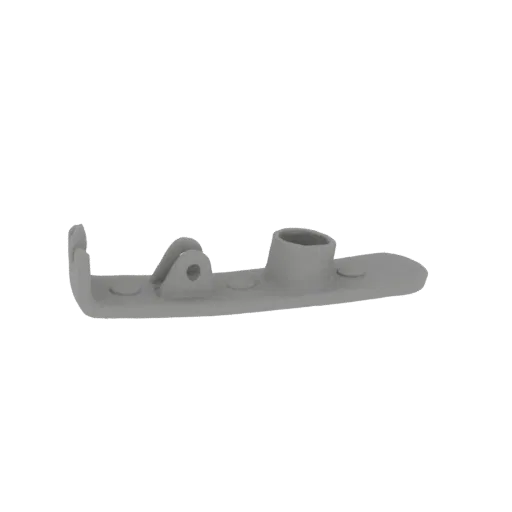 3D model of a gray industrial bracket with a pivot and a cylindrical mounting point, set against a plain background.