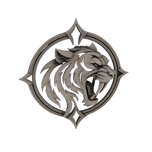 3D model render of a metallic emblem featuring a fierce saber-toothed tiger's head with bared fangs and a detailed mane.