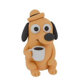 Ein 3D-Rendering eines hellbraunen Lehmhundes mit einem beigen Hut, der eine weiße Kaffeetasse hält, sitzend und nach vorne b
