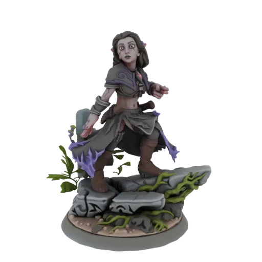 3D model render of a female Grave Warden miniature, a fantasy character with tattered robes, standing on a rocky base with runes and vines.