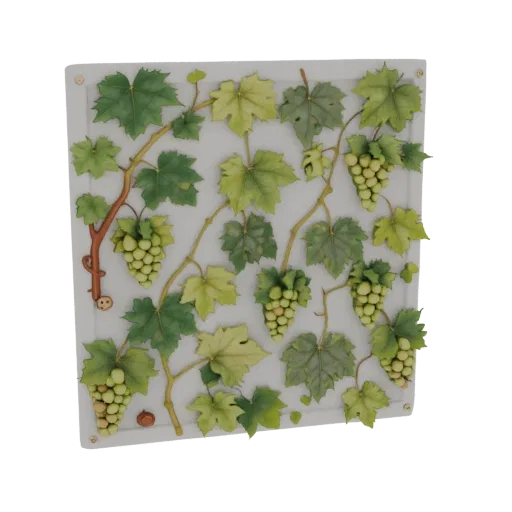 3D model of a decorative panel with a grapevine, leaves, and grape clusters.