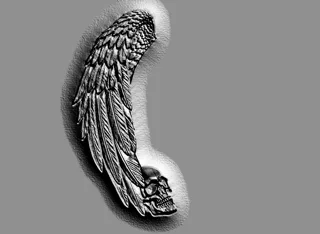 3D model of a wing skull bas-relief in engraving style, with detailed feathers and skull.