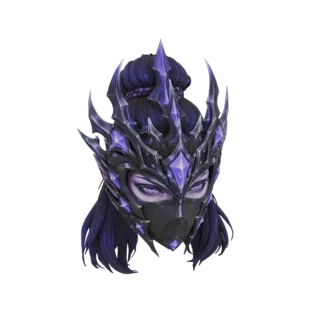 3D-Modell einer dunklen Krieger-Maske mit schwarzer Rüstung und leuchtenden violetten Kristallakzenten, mit scharfen Kanten u
