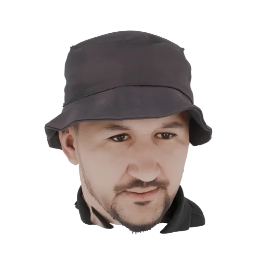 3D model render of a man wearing a dark bucket hat, with a neutral expression and visible facial hair.
