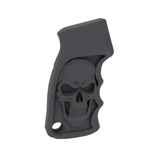 3D model render of a pistol grip with a detailed Grim Reaper skull carved into its surface, set against a black background.