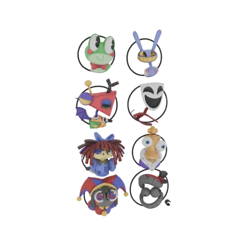 A grid of 8 unique 3D character icons in a claymation style, including a frog, bunny, mask, doll, chess piece, jester, and a