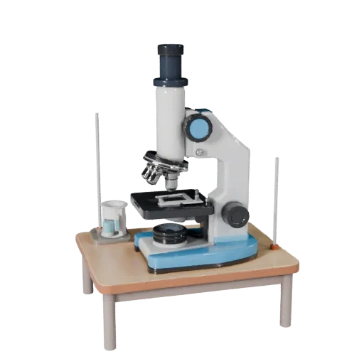 Biology Microscope Stylized 3D model, stylized isometric render, showing glass, recognizable lab forms.