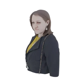 Modelo 3D de mulher com cabelo castanho, vestindo blazer preto sobre blusa amarela, olhando para o lado.