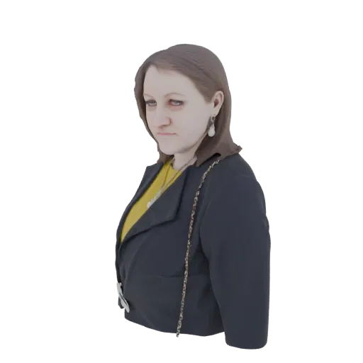 3D model of a woman with brown hair, wearing a black blazer over a yellow top, looking to the side.
