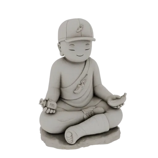 3D model of a meditating monk wearing a baseball cap and sneakers, holding a banana and a pouch labeled 'FUEL'.