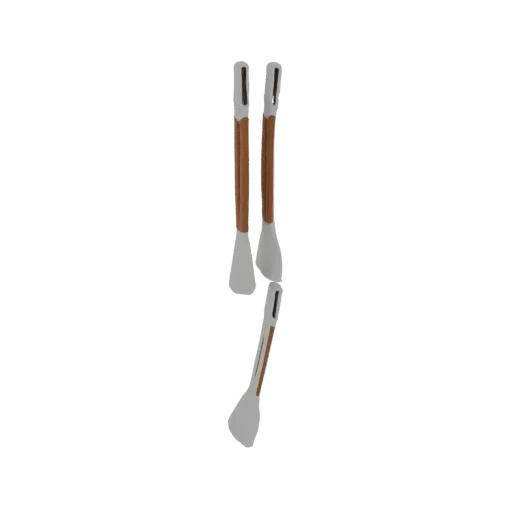 3D model of a pair of white silicone kitchen tongs with natural wooden handles, displayed vertically.