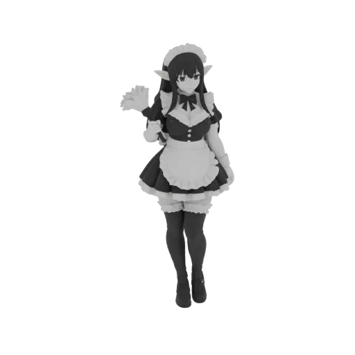 3D model of a grayscale anime-style elf character dressed as a maid, holding a duster.