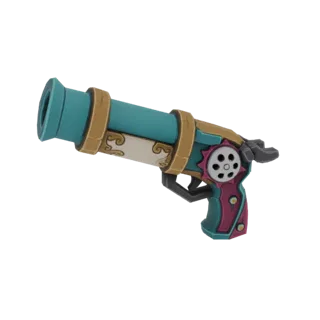 Modèle 3D d'un revolver steampunk avec un canon turquoise, une garniture dorée et une poignée magenta avec des motifs décorat