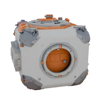 A 3D render of a low-poly, cubical sci-fi habitation module with a white and orange color scheme, featuring a central circula