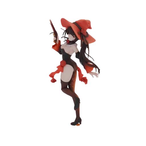 3D model of an anime witch girl with a red hat and musket, wearing a black and red outfit.