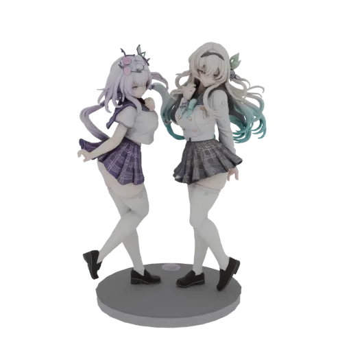 3D model of two anime schoolgirls in school uniforms, one with purple hair and the other with blonde and teal hair, standing