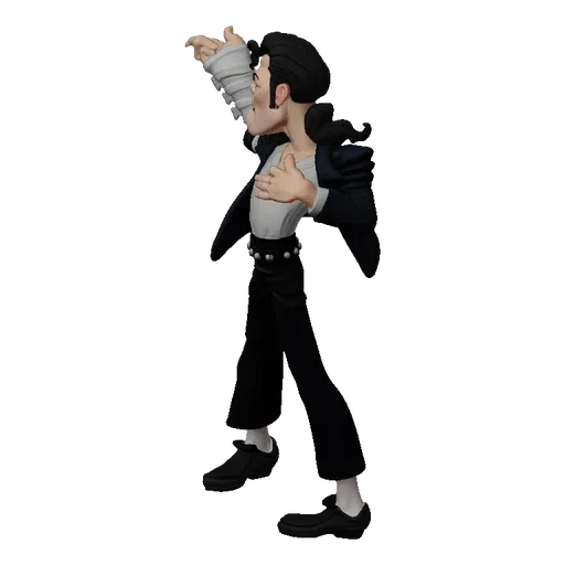 3D model of Michael Jackson in his iconic 'Smooth Criminal' pose, wearing a fedora, white shirt, and black suit.