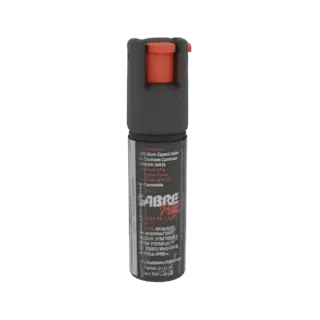 3D model of a Sabre Red pepper spray can with a black body and red safety actuator, detailed labeling visible.