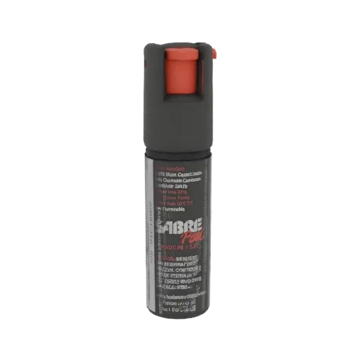 3D model of a Sabre Red pepper spray can with a black body and red safety actuator, detailed labeling visible.