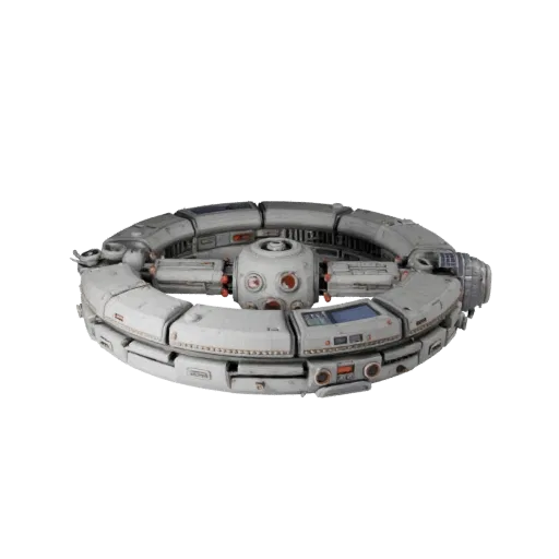 Modular Docking Hub 3D model, three-quarter front view, Unreal Engine viewport, showing metal modules, form detail.