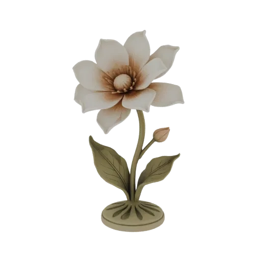 Modello 3D di una realistica scultura di fiore di Magnolia con petali cremosi, un bocciolo e foglie verdi su una base decorat