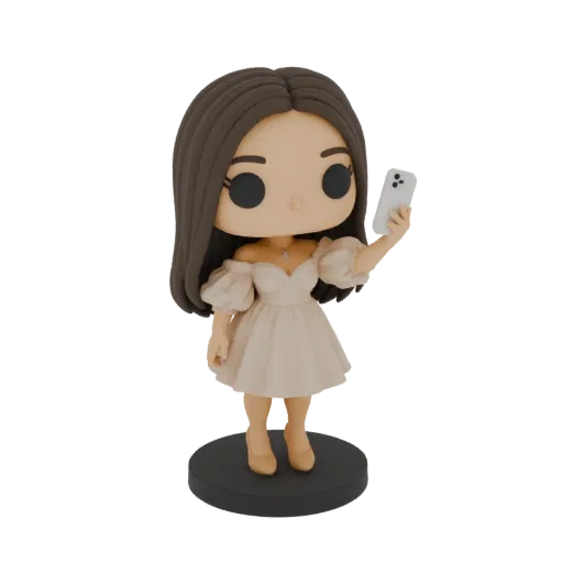 A 3D model of a stylized pop figure with brown hair, wearing a cream-colored off-the-shoulder dress, holding a smartphone to