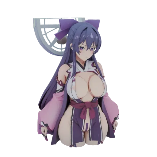 3D model render of an anime girl bust with purple hair, wearing a traditional outfit with pink sleeves and a purple skirt.