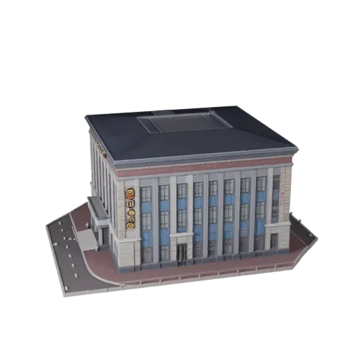 Modello 3D stilizzato di Stazione di Polizia, vista isometrica di ambiente di gioco stilizzato, che mostra materiali di edifi