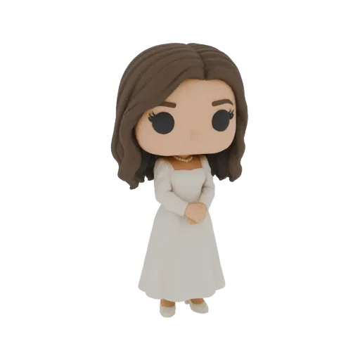 3D model of a Funko Pop figure wearing an elegant white dress and pearl necklace, standing against a black background.