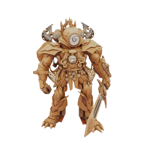 A detailed 3D model of a Steampunk Clockwork Titan, standing tall with a sword, featuring intricate gears and a clock face.
