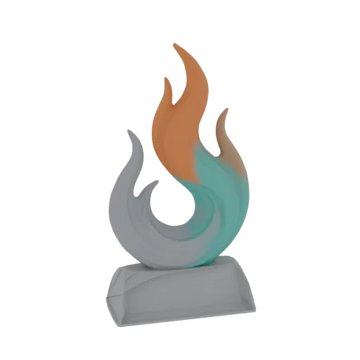 A 3D render of an abstract flame trophy with a grey geometric base and a flame colored in blue-green and orange.