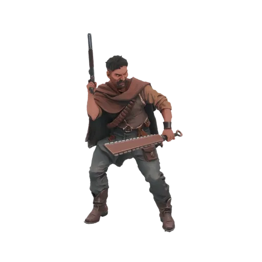 3D model of a male wasteland warrior with a brown scarf, holding a saw-sword and a rifle, in a dynamic pose.