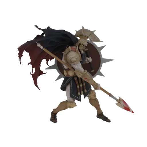 3D model of a Spartan warrior in a dynamic pose, holding a spear and shield, with a tattered cape.