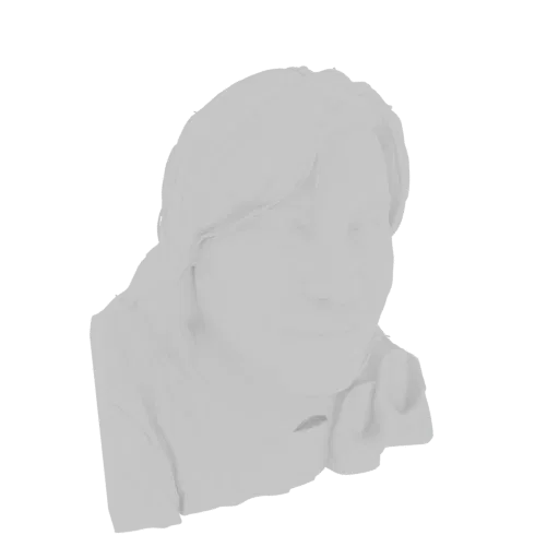 A 3D render of a stylized bust of a young woman with braided hair, presented in a light gray material.