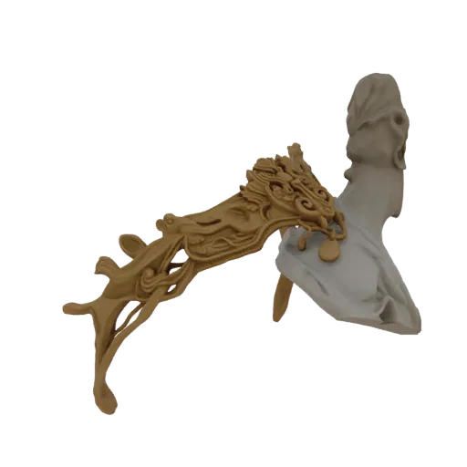 A detailed 3D model of a golden dragon head ornament attached to a grey bust.