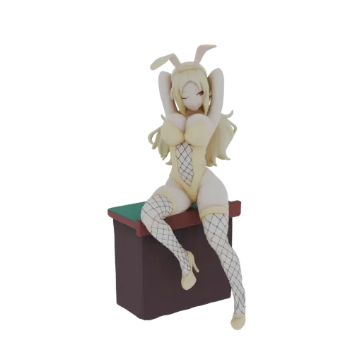 A 3D render of a blonde bunny girl figure wearing a yellow leotard and fishnet stockings, sitting on a dark surface.