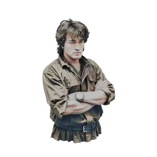 3D model of a brave warrior with short, tousled brown hair, wearing a brown utility shirt and belt, with arms crossed and a s