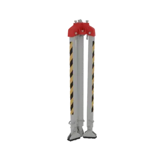 Modelo 3D de um tripé de segurança industrial com topo vermelho e pernas listradas em amarelo e preto, mostrado contra um fun