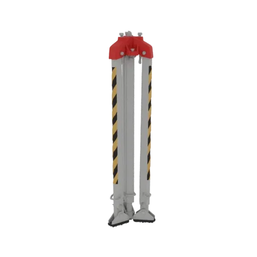 Modelo 3D de um tripé de segurança industrial com topo vermelho e pernas listradas em amarelo e preto, mostrado contra um fun