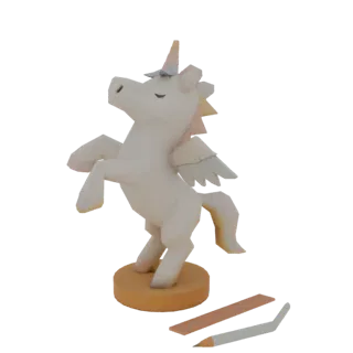A stylized 3D model of a white Pegasus unicorn with pastel rainbow wings, rearing up on a tan base, with two small tan and wh