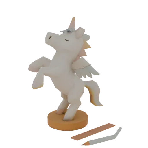 A stylized 3D model of a white Pegasus unicorn with pastel rainbow wings, rearing up on a tan base, with two small tan and wh