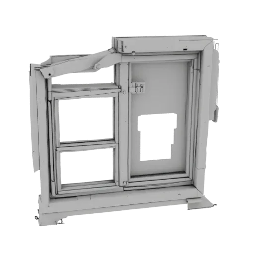 Modelo 3D de marco de ventana de dos secciones para casa de muñecas, vista frontal, sobre fondo blanco