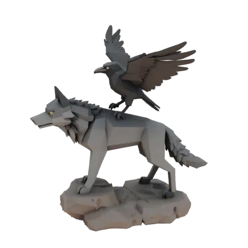 Low-poly 3D model of a grey wolf standing on a rock, with a black raven with spread wings on its back.