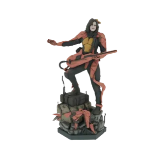 3D model of a cyberpunk musician with dark hair and makeup, wearing a red and black outfit, holding an energy guitar on a roc
